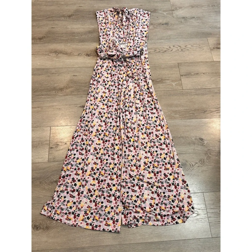 Free People Vibe Check Floral Wide Leg Jumpsuit‎ Mock Neck Tie Waist Medium M